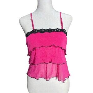 NWT Rampage Ruffle Lace Trim Cami Top Fushia Black Lace Lingire Top Sz M Y2K